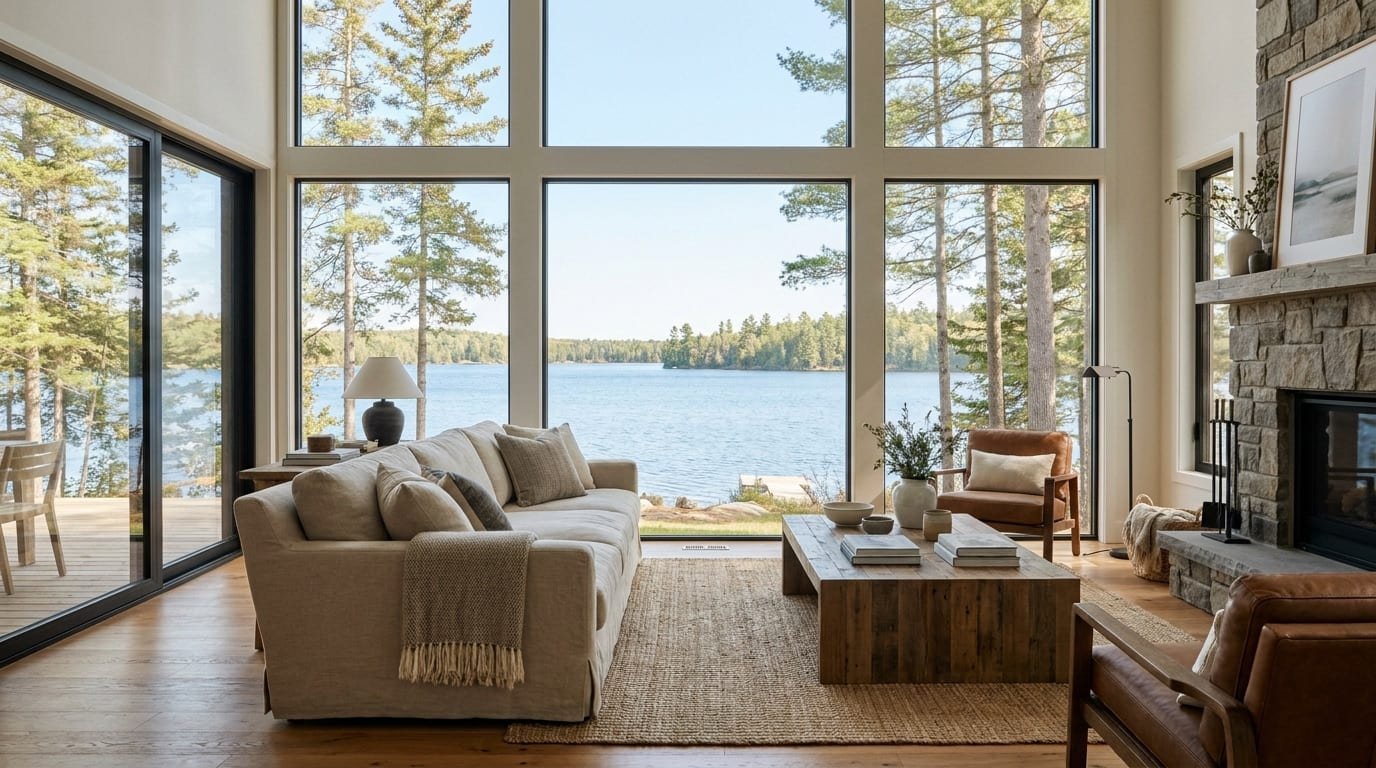 Lake-house living room with large windows protected by window film