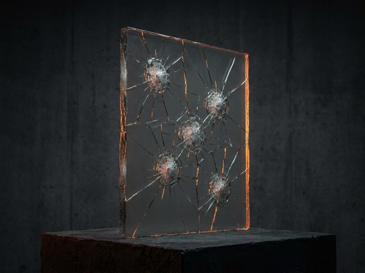 Reinforced laminated glass panel standing intact after repeated impacts